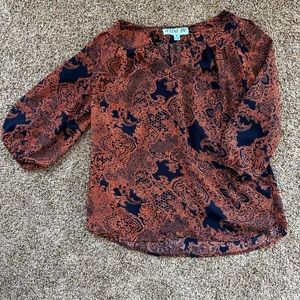 3/4 sleeve blouse, navy and orange